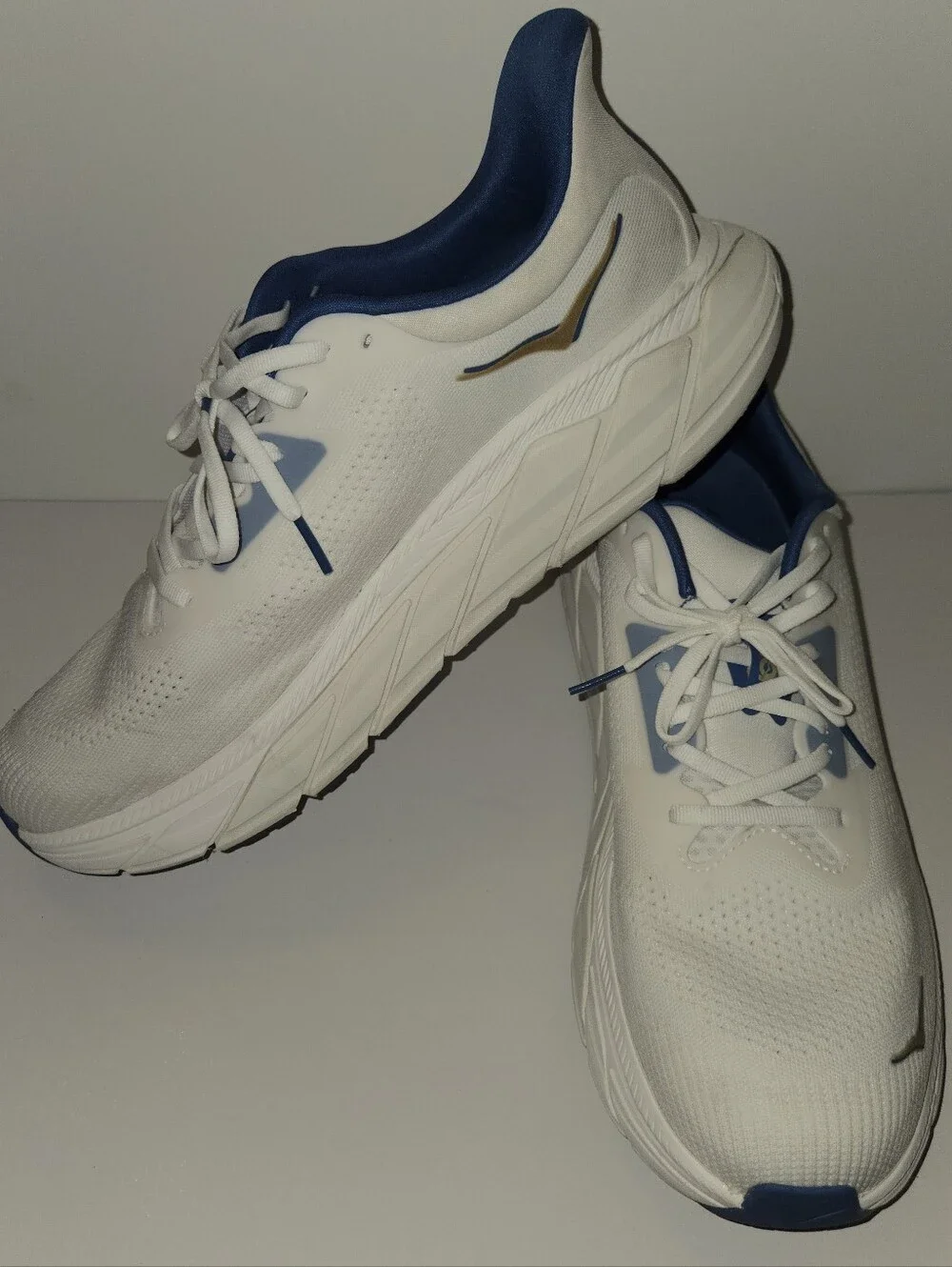 Hoka One One White and Navy Athletic Running Shoes with Gold Logo